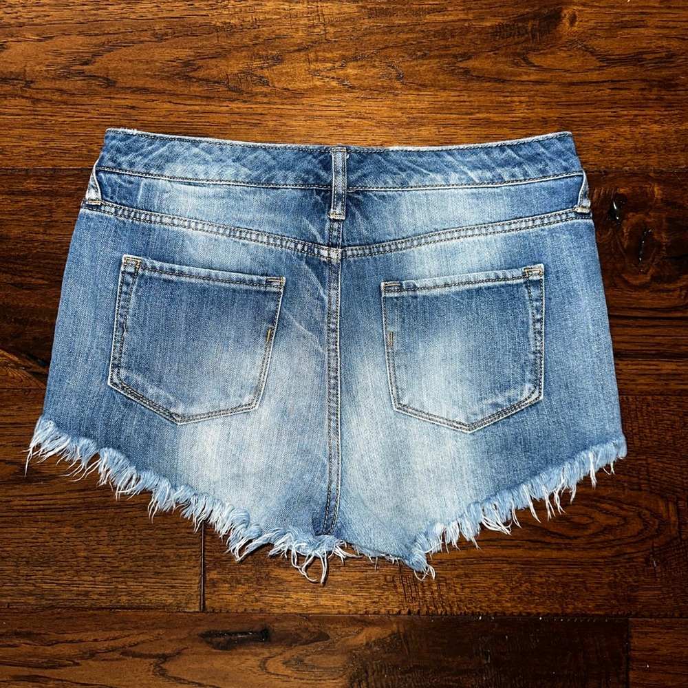 Blue Distressed Jean Shorts with Frayed Hem - Picture 2 of 3